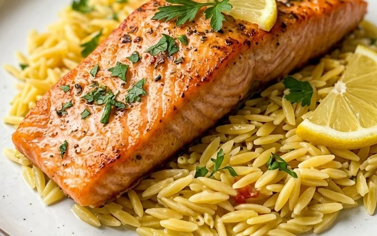 One Skillet Salmon with Lemon Orzo