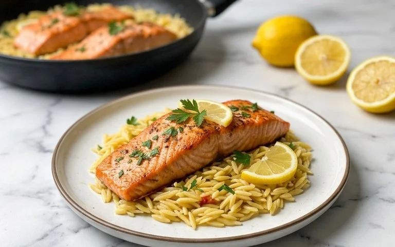 One Skillet Salmon with Lemon Orzo